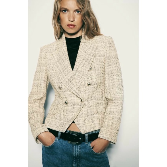 Zara Tweed Blazer Double Breasted Weave Cropped Jacket Small - Picture 1 of 12